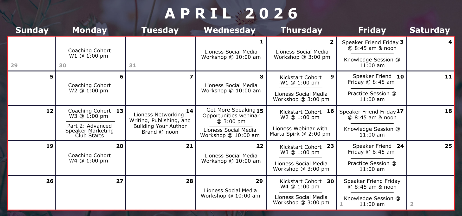 April 2026 calendar showing Innovation Women events including Speaker Friend Fridays, Coaching Cohorts, Kickstart Cohorts, Lioness Social Media Workshops, webinars and more.